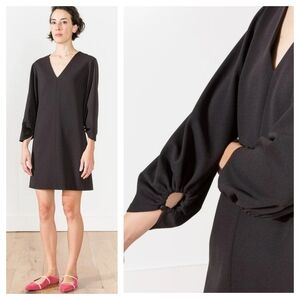 Tibi Shirred Sleeve V-neck Shift Dress Size 12 Black